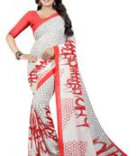 White printed faux georgette saree with blouse