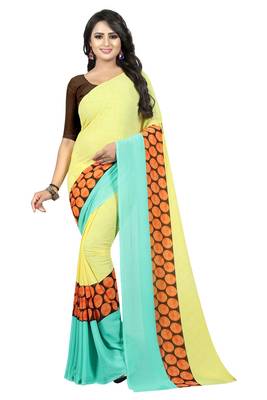 Cream printed faux georgette saree with blouse 1