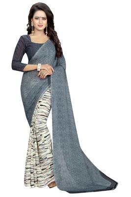 Grey printed faux georgette saree with blouse 1