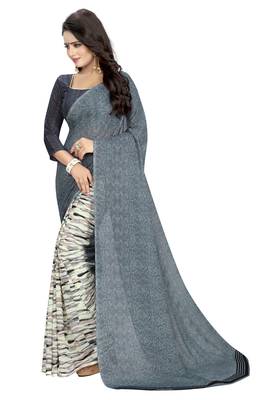 Grey printed faux georgette saree with blouse 3