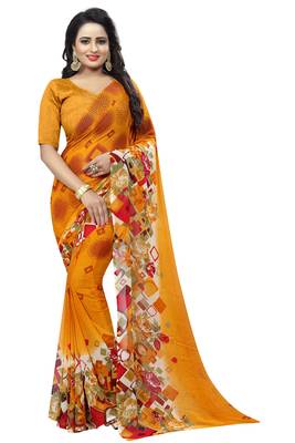 Mustard printed faux georgette saree with blouse 1