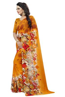 Mustard printed faux georgette saree with blouse 3