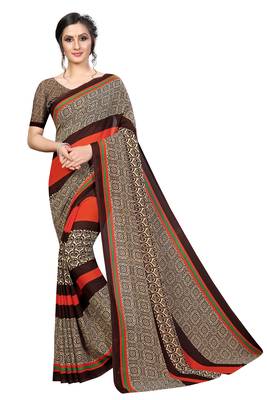 Brown printed faux georgette saree with blouse 1