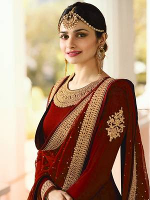 Red Embroidered Faux Georgette Salwar With Dupatta 3