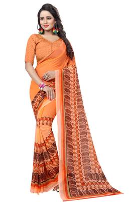 Orange printed faux georgette saree with blouse 1
