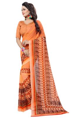 Orange printed faux georgette saree with blouse 3