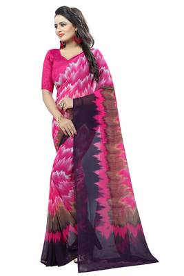 Pink printed faux georgette saree with blouse 3
