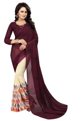 Brown printed faux georgette saree with blouse 1