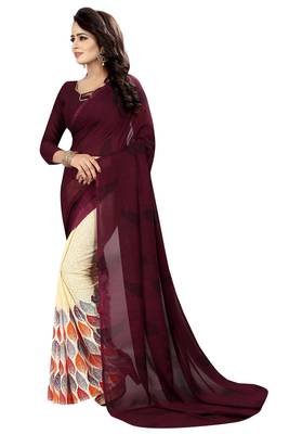 Brown printed faux georgette saree with blouse 3