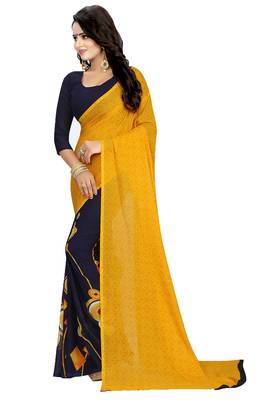 Yellow printed faux georgette saree with blouse 3