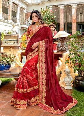 Crimson embroidered georgette saree with blouse 1