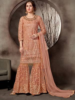 Light Salmon Designer Heavy Sequin Sharara Suit 1