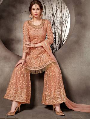 Light Salmon Designer Heavy Sequin Sharara Suit 2