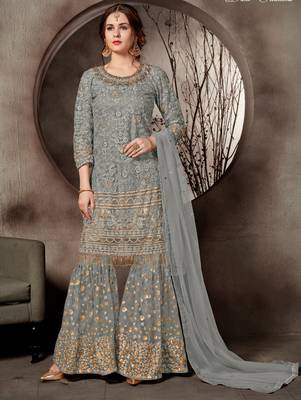 Light Grey Designer Heavy Sequin Sharara Suit 1