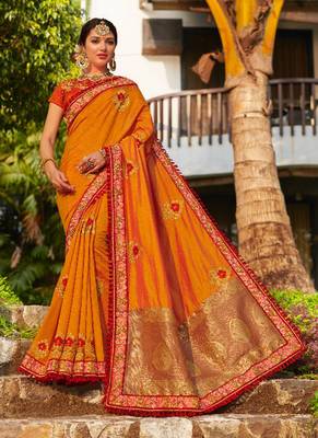 Orange embroidered banarasi silk saree with blouse 1