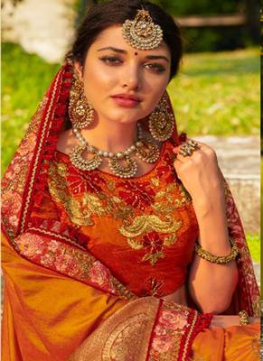 Orange embroidered banarasi silk saree with blouse 2