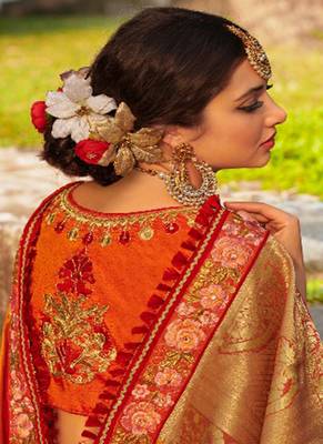 Orange embroidered banarasi silk saree with blouse 3