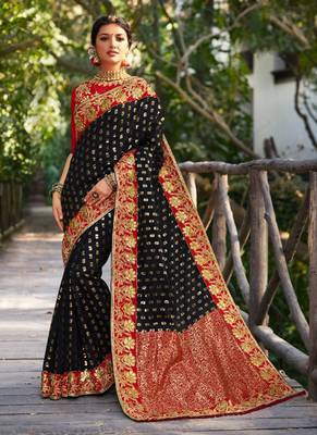 Black embroidered banarasi silk saree with blouse 1