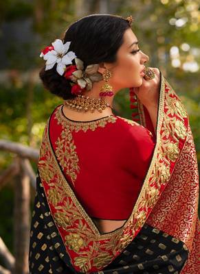 Black embroidered banarasi silk saree with blouse 4