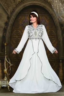 White Zari Work Chiffon Polyester Islamic Party Wear Festive Kaftan Farasha 1