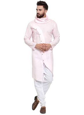 Designer Pink Linen Kurta With Churidar Pyjama For Men By Treemoda 1