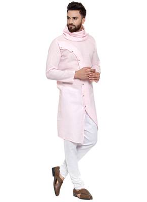Designer Pink Linen Kurta With Churidar Pyjama For Men By Treemoda 3