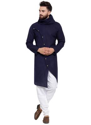 Designer Navy Blue Linen Kurta Pajama 1