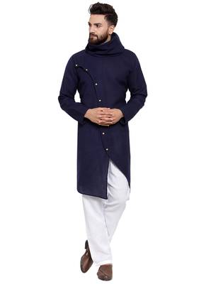 Designer Navy Blue Linen Kurta Pajama 1