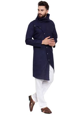 Designer Navy Blue Linen Kurta Pajama 3