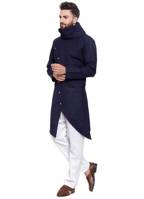 Designer Navy Blue Linen Kurta Pajama 5