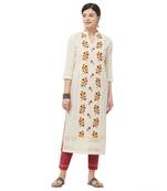 Beige embroidered cotton kurtas-and-kurtis