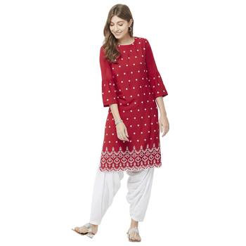 Red embroidered rayon kurtas-and-kurtis 4