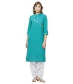 Teal embroidered cotton kurtas-and-kurtis