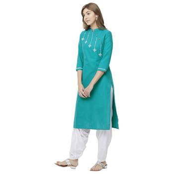 Teal embroidered cotton kurtas-and-kurtis 2