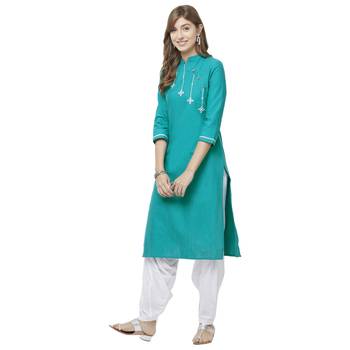 Teal embroidered cotton kurtas-and-kurtis 4