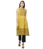 Mustard embroidered cotton kurtas-and-kurtis
