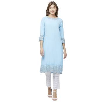 Sky-blue embroidered viscose kurtas-and-kurtis 1