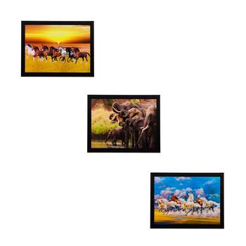 Set of 3 Running Horses and Elephants Matt Textured UV Art Painting 1