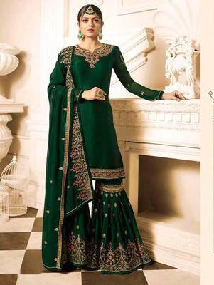 Dark Green Faux Georgette with Embroidery Work Sharara Suit 1