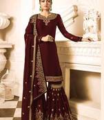 Dark Red Faux Georgette with Embroidery Work Sharara Suit