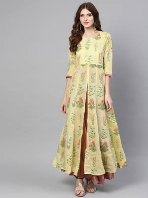 Yellow printed chanderi kurtas-and-kurtis 1