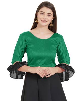 Dark Green N Black Art Silk Art Silk Ready-Made Saree Blouse 2 Colours 3/4 Sleeves  Blouse 1