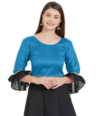 Turquoise N Black Art Silk Art Silk Ready-Made Saree Blouse 1