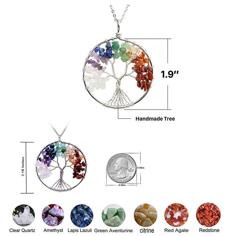 Tree of Life Natural 7 Chakra Reiki Heaing Crystal Stones Pendant Necklace Chain for Women Girls