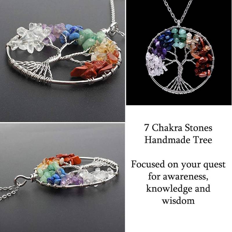 Tree of Life Natural 7 Chakra Reiki Heaing Crystal Stones Pendant Necklace Chain for Women Girls