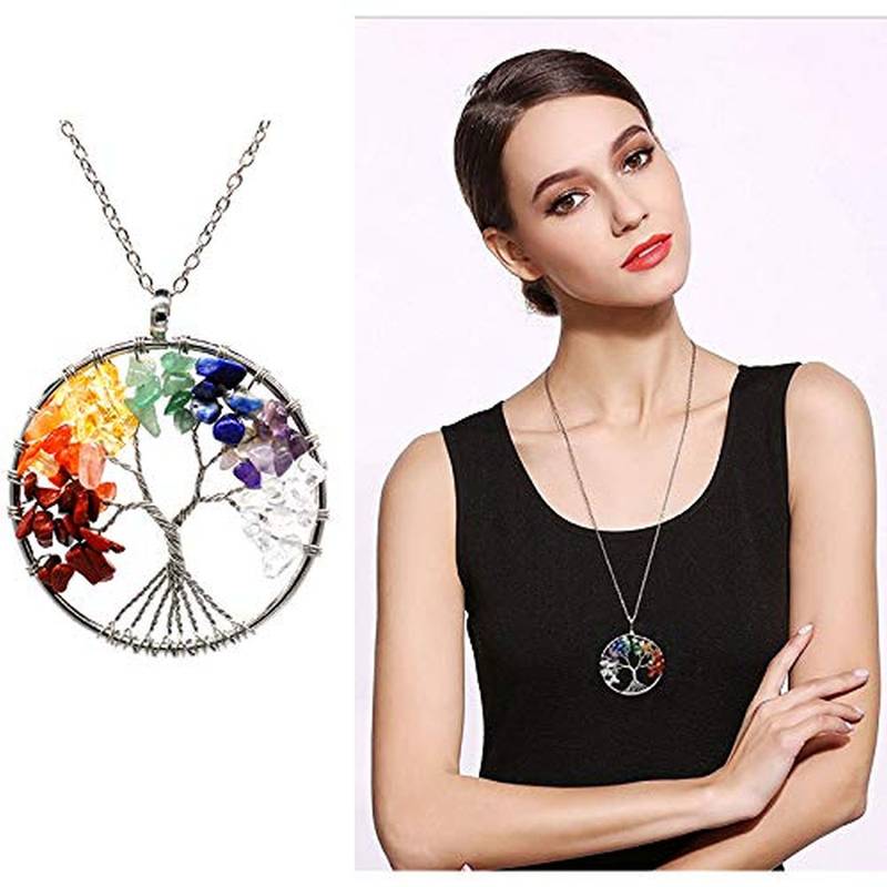 Tree of Life Natural 7 Chakra Reiki Heaing Crystal Stones Pendant Necklace Chain for Women Girls