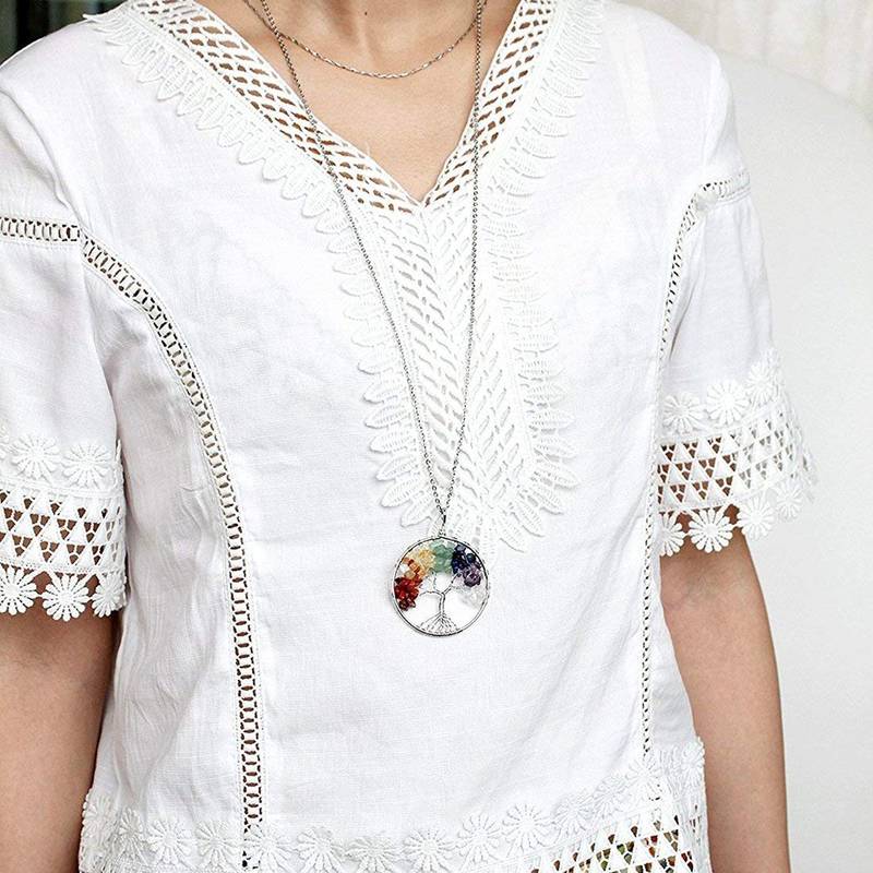 Tree of Life Natural 7 Chakra Reiki Heaing Crystal Stones Pendant Necklace Chain for Women Girls
