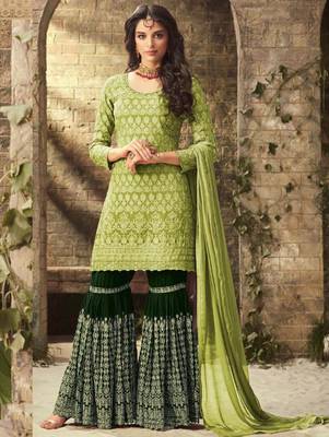 Light Green Faux Georgette with Embroidery Work Sharara Suit 1