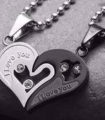 Couple Heart I Love You Black Silver 316L Surgical Stainless Steel Necklace Chain Pendant Pack of 2 Men Women Boys Girls
