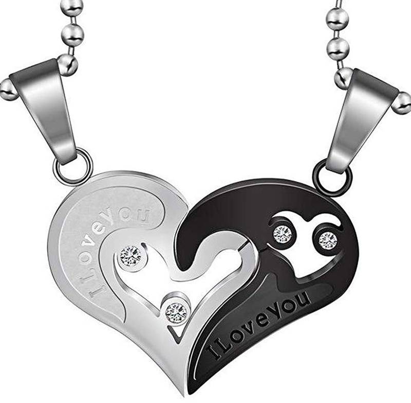 Couple Heart I Love You Black Silver 316L Surgical Stainless Steel Necklace Chain Pendant Pack of 2 Men Women Boys Girls